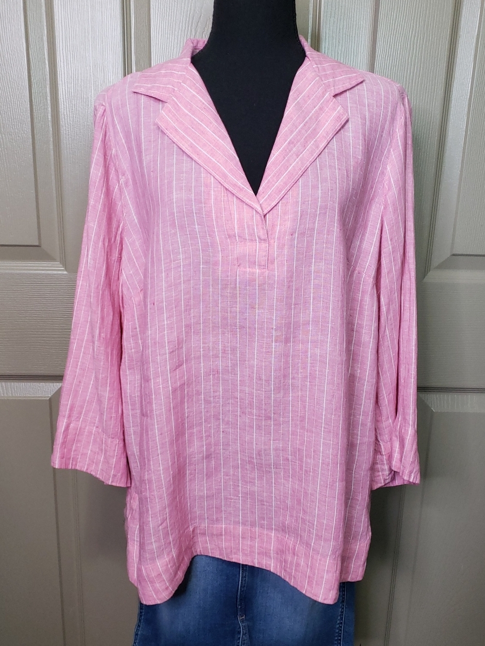 Charter Club linen pink white striped tunic Top size large